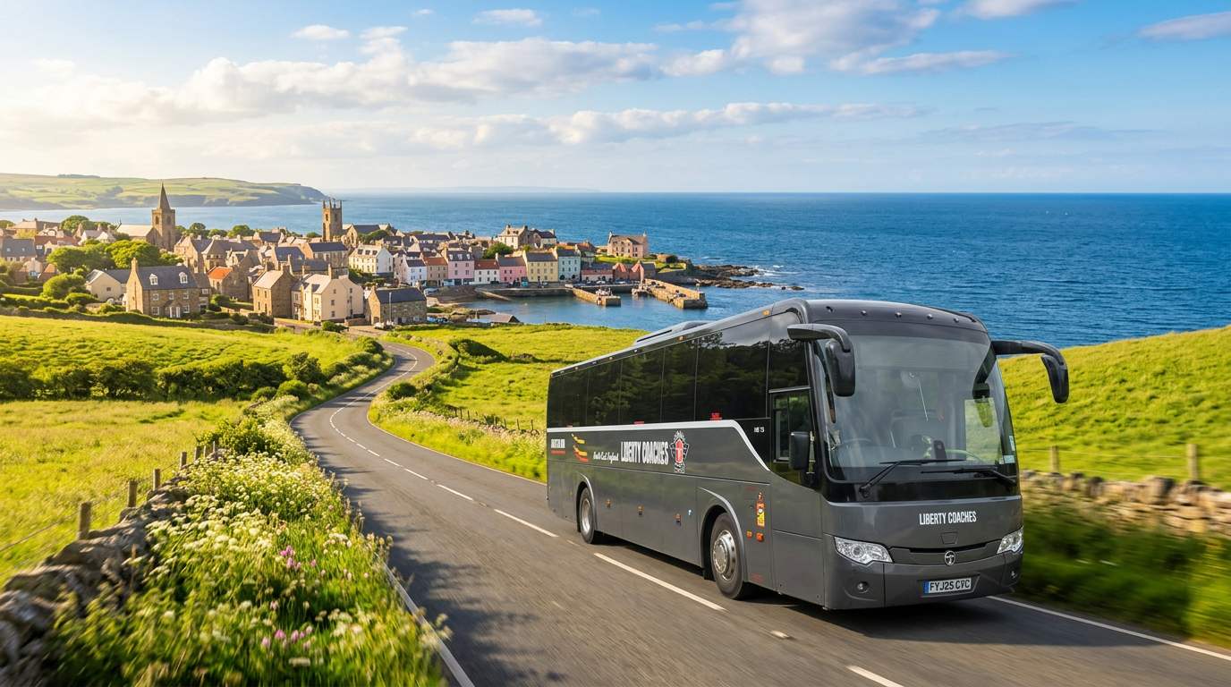 Coach2DayTrips touring coach on a sunny coastal road with a historic seaside town in the background